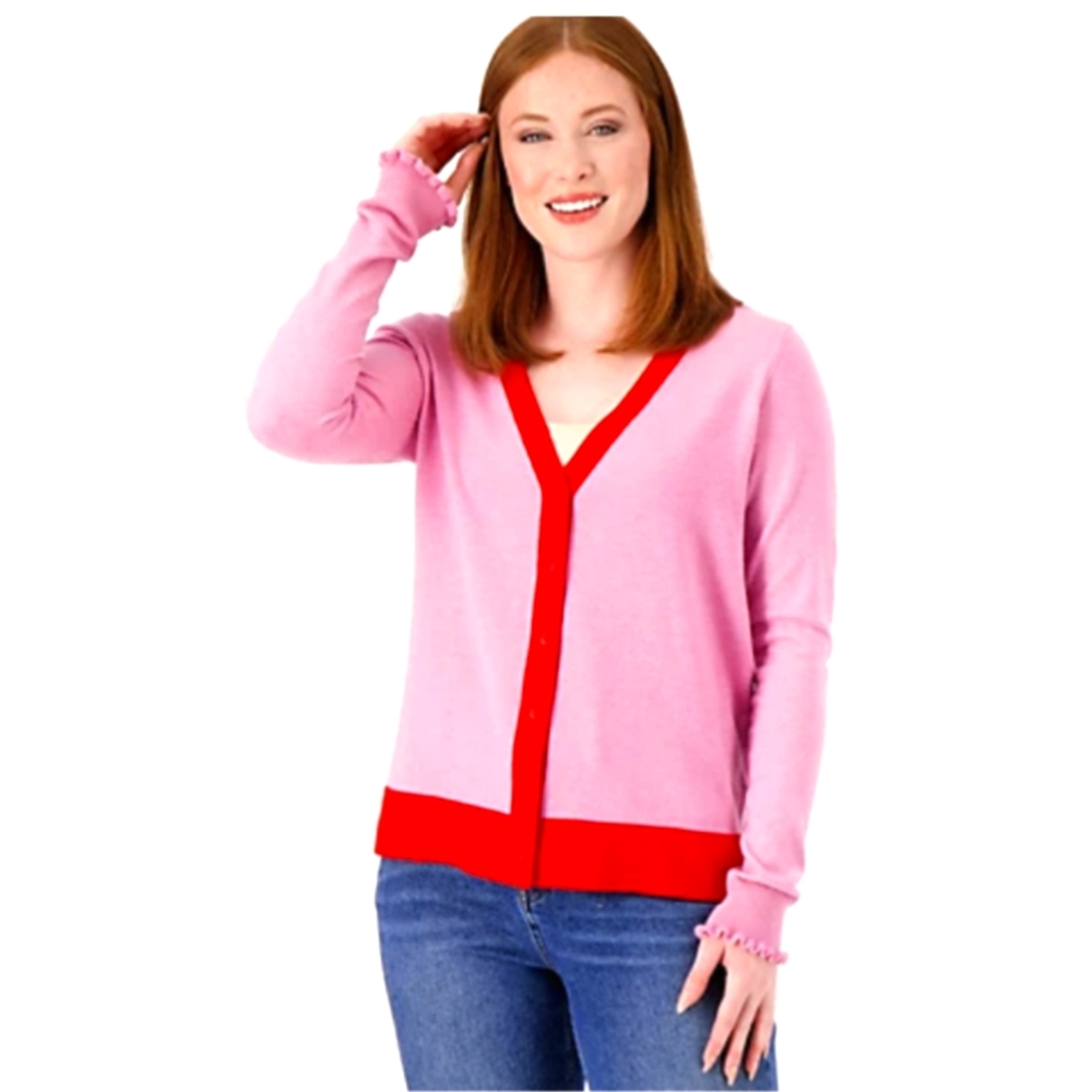 NEW Pink Red Color block Cardigan by Candace Cameron Bure Plus 3X Soft Sweater
